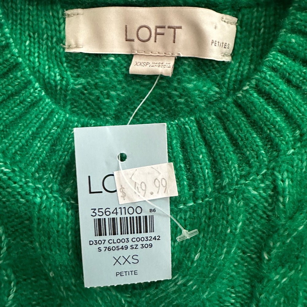 LOFT Cable Knit Preppy Vintage Sweater Emerald Green XXSP Women Petite - Picture 7 of 8